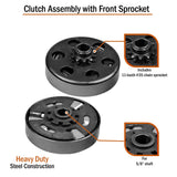 Close-up of the Clutch Assembly with Front Sprocket for Baja Doodle Bug (DB30), featuring an 11-tooth sprocket and circular metal components crucial for mini bike power transfer.