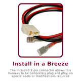 Universal 2 Pin Battery Wiring Harness for Electric Scooters, featuring a close-up of a white plastic 2-pin connector on 14 gauge AWG wire with push-on spade connectors at the other end.
