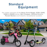 Red On/Off Switch with Weather-Resistant Rubber Boot for Razor Electric Scooters, shown among parked scooters in front of houses, highlighting its protective design suitable for various Razor models.