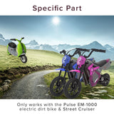 24 Volt YK19F Controller for Pulse EM-1000 Electric Dirt Bike & Street Cruiser, shown with motorcycles on a dirt road, highlighting the new wiring and connectors for easy installation.