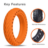Close-up of the 8.5 x 2 Solid Honeycomb Tire for the Xiaomi Mi M365 Electric Scooter, featuring open holes around the radius for shock absorption and a unique tread pattern.