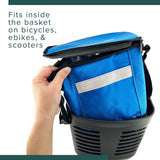 Hand holding the Insulated Front Basket Bag for Mobility Scooters, showcasing its sturdy handle and zippered main compartment.
