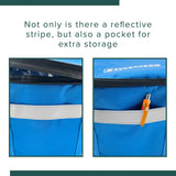 Close-up of the Insulated Front Basket Bag for Mobility Scooters showcasing its zippered main compartment and a pen in the front pocket. The bag’s durable ripstop polyester material is visible.