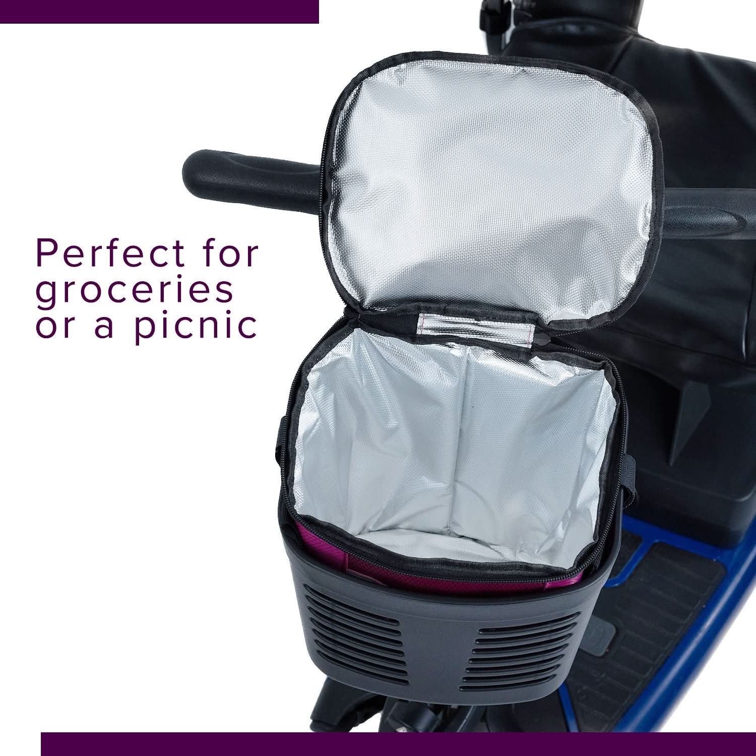 Insulated Front Basket Bag for Mobility Scooters shown attached to a scooter, featuring a handle and a zippered main compartment constructed from durable ripstop polyester.