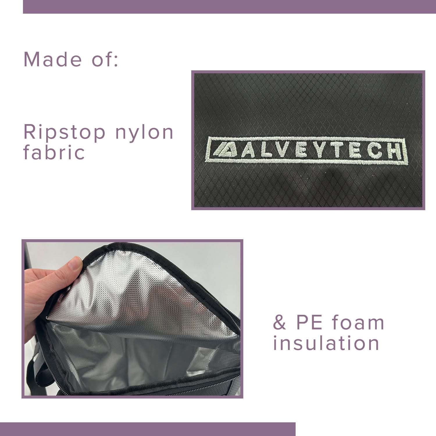 Close-up of the AlveyTech Insulated Front Basket Bag for Mobility Scooters, showing its durable ripstop polyester material and a hand holding the bag, emphasizing its practical design for secure storage.