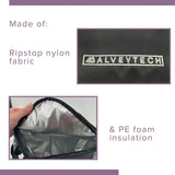 Close-up of the AlveyTech Insulated Front Basket Bag for Mobility Scooters, showing its durable ripstop polyester material and a hand holding the bag, emphasizing its practical design for secure storage.