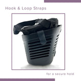 Insulated Front Basket Bag for Mobility Scooters: A black plastic container with straps and a zippered main compartment, suitable for carrying various items discreetly on mobility devices.