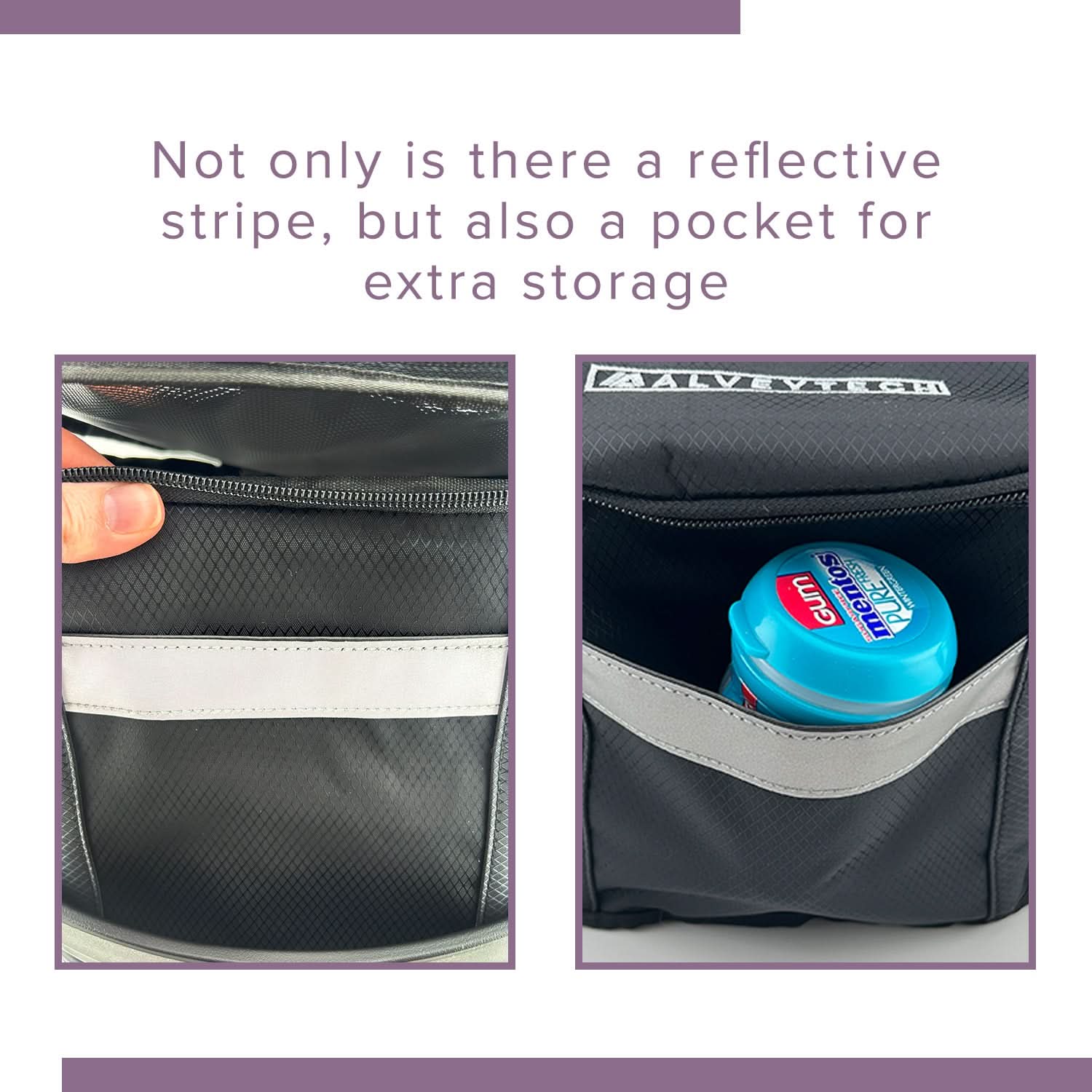 Close-up of the Insulated Front Basket Bag for Mobility Scooters, showing a person holding its zipper, with a blue bottle partially tucked into a side pocket.