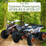 18x9.5-8 Rear Tire for Coleman AT125-EX & AT125-UT ATVs with knobby tread, shown close-up on parked ATVs on a dirt road in the woods.
