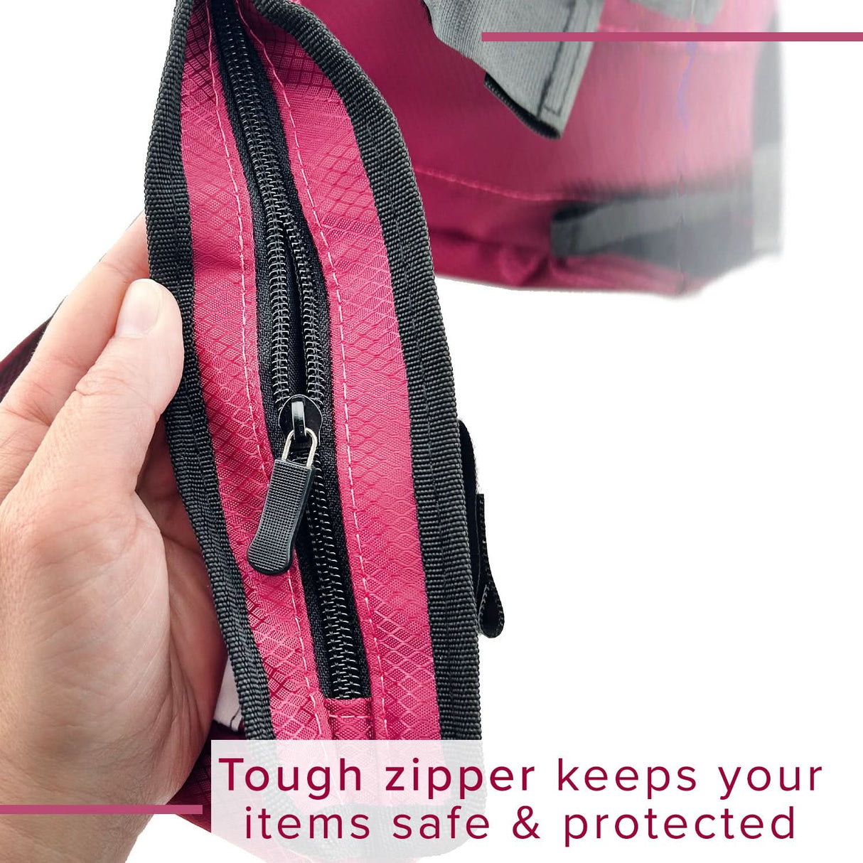 Deluxe Universal Walker/Rollator Bag: Close-up of a hand holding a zipper on the high-quality, water-resistant nylon bag, showcasing multiple pockets for convenient storage on walkers or rollators.