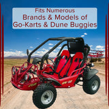 73 Throttle Cable for 150cc - 250cc Go-Karts & Dune Buggies shown connected to a red buggy on a dirt road, highlighting vehicle compatibility for various go-kart and dune buggy models.