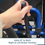 8 Black Brake Handle Extension Handles for Wheelchairs (Set of 2) shown with a hand gripping the black handle, demonstrating ease of use and proximity to the user’s hand for convenience.