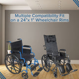 24x1 Solid Urethane Treadless Tire for Drive Medical Wheelchairs, shown on a wheelchair in a room with wooden flooring and another wheelchair in the background.