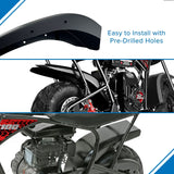 Black Rear Fender for Monster Moto / Mega Moto Classic 105cc, Classic 1000w, MM-B80 80cc, Motovox MBX10, & MBX11 Mini Bikes; close-up shows tire and part of the motorcycle's suspension system.