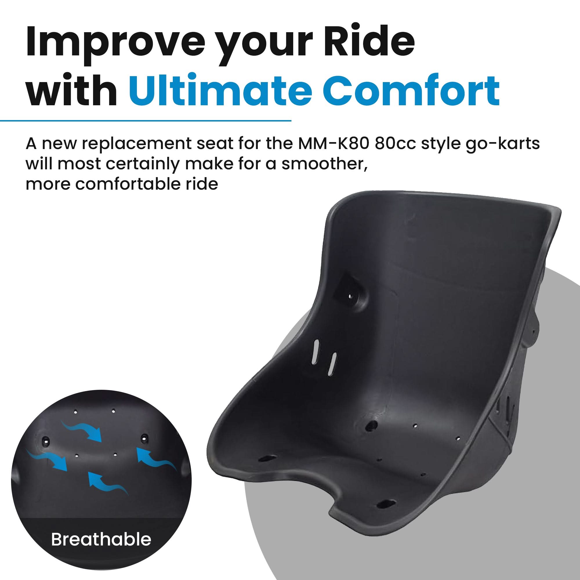 Seat for the Monster Moto / Mega Moto MM-K80 80cc Go-Kart, a black plastic bucket seat with holes and slots for a safety belt, designed to securely hold the rider.