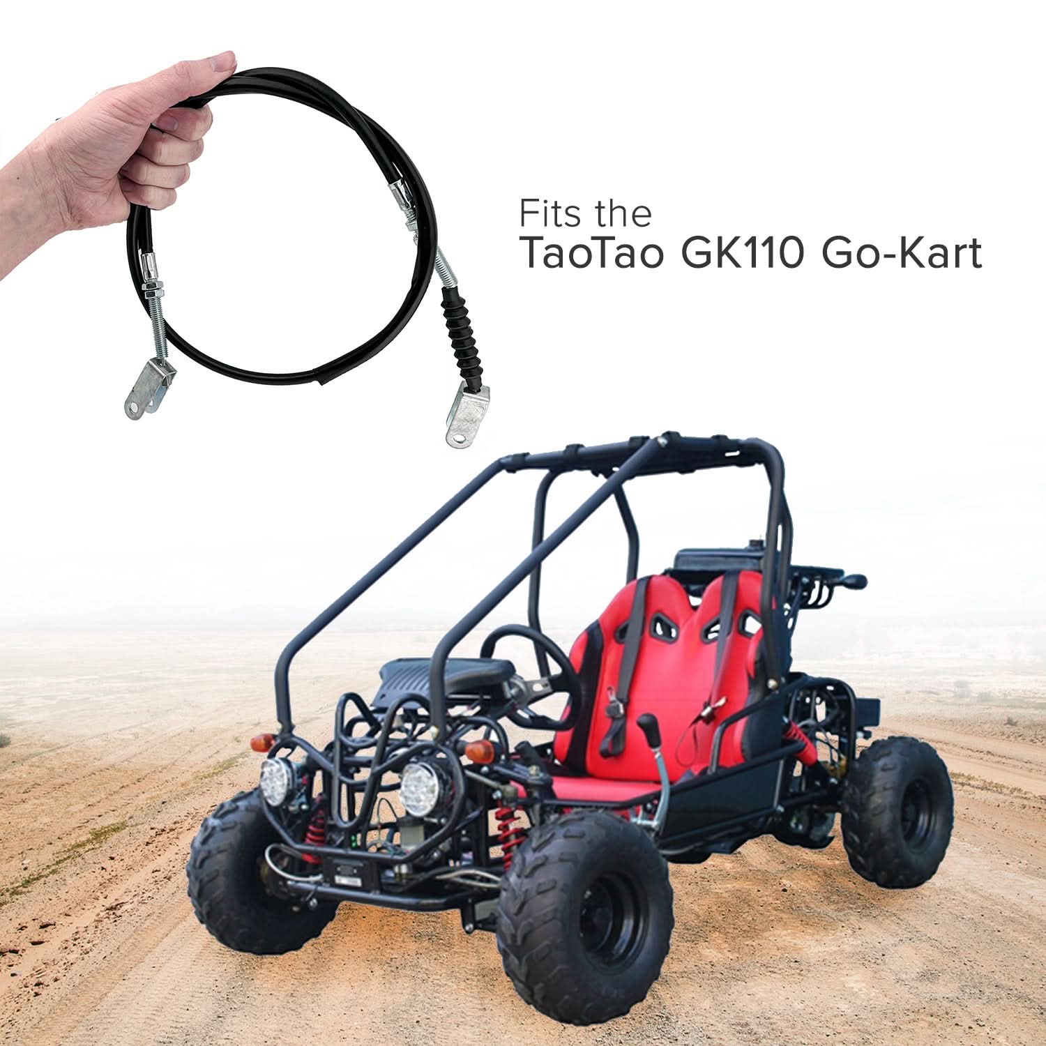 Hand holding a 41 Gear Shift Reverse Cable with Clevis Ends for the TaoTao GK110 Go-Kart, showcasing the cable's clevis ends and length.