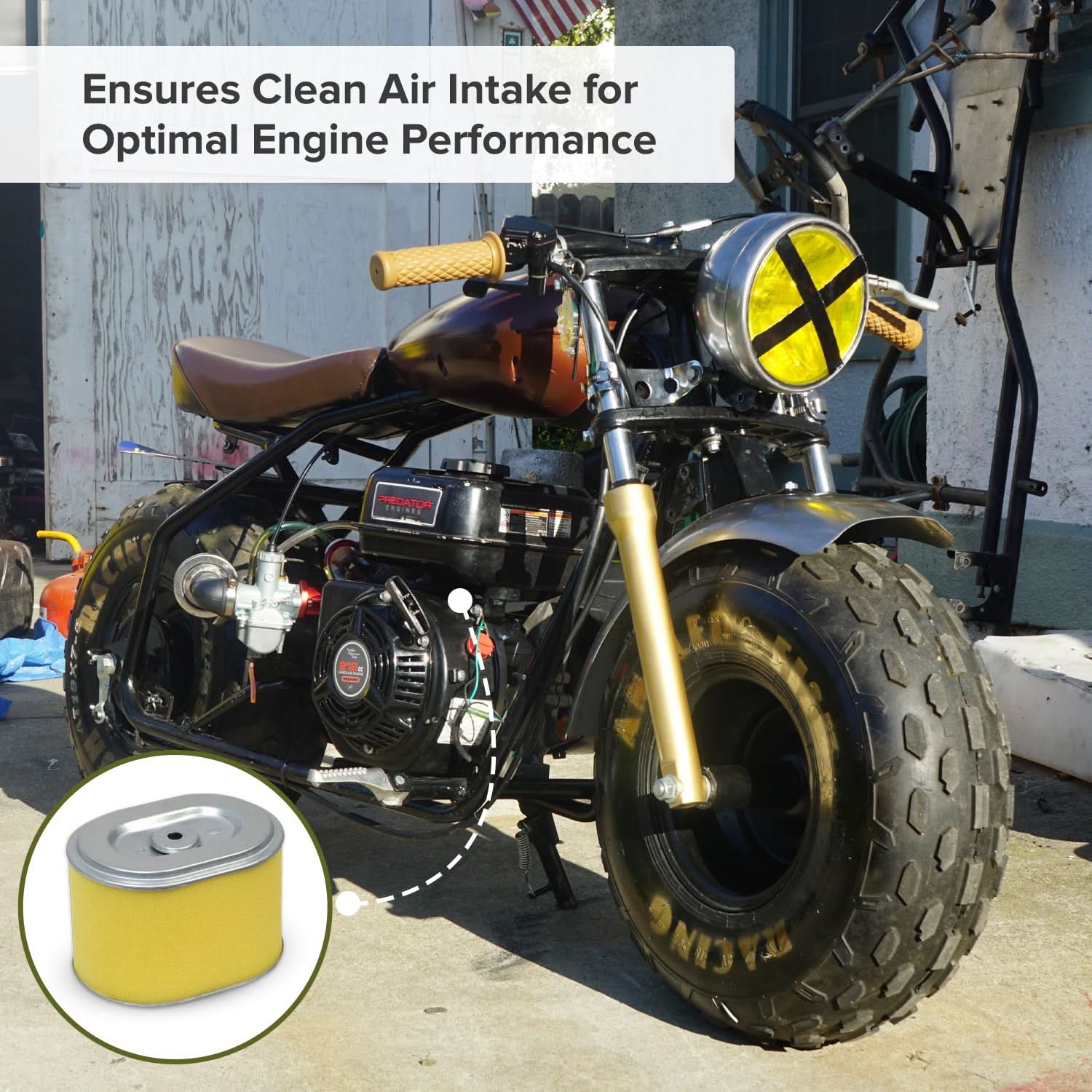 Carburetor with 24 mm Air Intake for the Realtree RTK200 Go-Kart, shown with a high-performance air filter and manual choke, mounted on a motorcycle featuring a distinctive yellow X design.