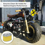 Carburetor with 24 mm Air Intake for the Realtree RTK200 Go-Kart, shown with a high-performance air filter and manual choke, mounted on a motorcycle featuring a distinctive yellow X design.