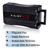 24 Volt Rack Mount Battery Pack for Currie Electric Bikes, featuring a black plastic case with a logo and button-style terminals, designed to house two 12V 10Ah SLA batteries.