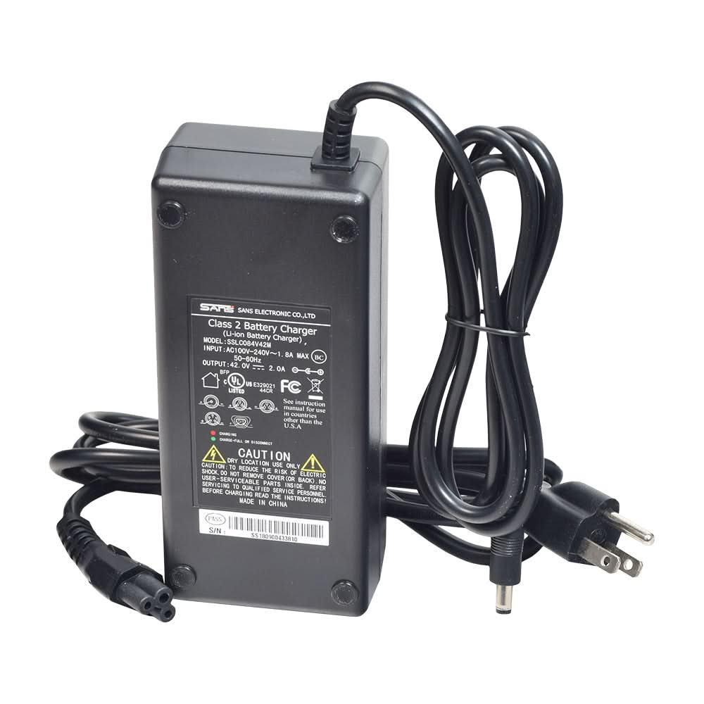 36 Volt 10 Ah Lithium-ion Electric Bike Bottle-Style Battery Pack, Bracket, & Charger featuring a black power supply with attached wires and a close-up of the battery charger unit.