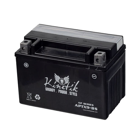 12 Volt YTX9-BS Replacement Dry Charged AGM Scooter, ATV, and Dirt Bike Battery, featuring white text on a black surface, close-up view showing the positive terminal on the left and negative on the right.