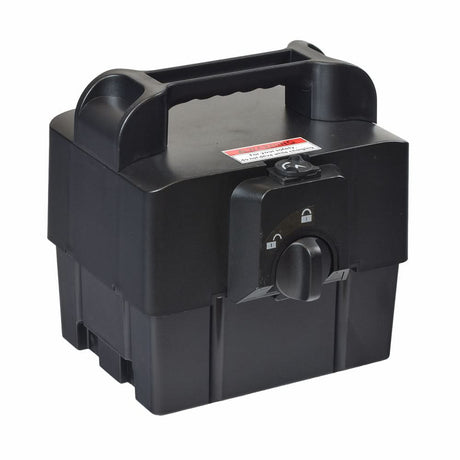 Battery Box for the Drive Medical Phoenix HD3 & HD4 (Blemished), featuring a lock and handle, shown in close-up, ideal for replacing damaged or missing battery boxes in mobility scooters.