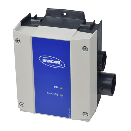 LINAK CHJ2 Battery Charger for Invacare Reliant Patient Lifts, featuring a rectangular design with buttons, LED indicators for mains connection and battery charging status, and visible screw detailing.