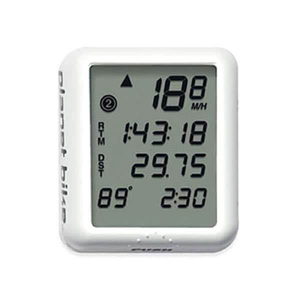 Protegé 9.0 Wired Bike Computer with a large LCD screen displaying digital data including speed and distance. The compact white device is designed for handlebars and includes a wired mounting kit.