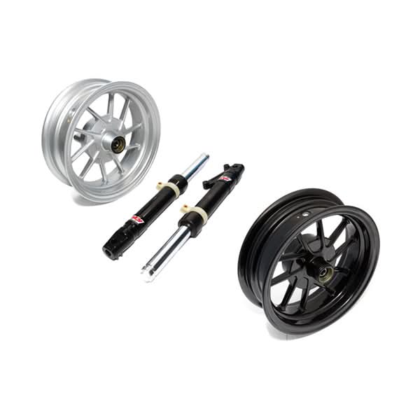 Close-up of the Front End Kit for the Honda Ruckus (NPS50) (NCY)-Silver, showcasing a detailed view of the 10-spoke wheel and part of the rim.