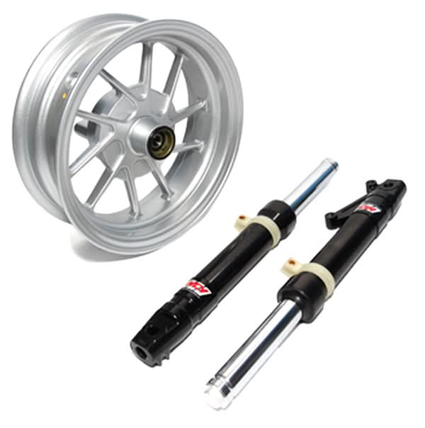 Close-up of the Front End Kit for the Honda Ruckus (NPS50) from NCY, showcasing the wheel, tire, and shock absorbers, integral for the big brake conversion.