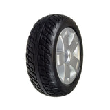 10.75x3.6 Flat-Free Black Rear Wheel Assembly for Pride Maxima (SC900/SC940), featuring a black tire with a silver rim, designed for second-generation scooters starting with serial number S5730610001030.