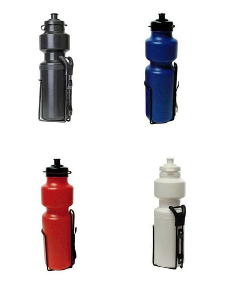 Sunlite Bottle and Bottle Carrier Combo featuring a group of water bottles in various designs, ideal for bikes or scooters, offering a dependable and economical hydration solution.