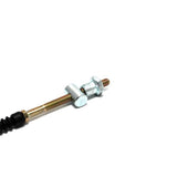 Close-up of a metal and black NCY brake cable with a nut, designed for the Honda Ruckus Scooter (NPS50) frame extension kit.