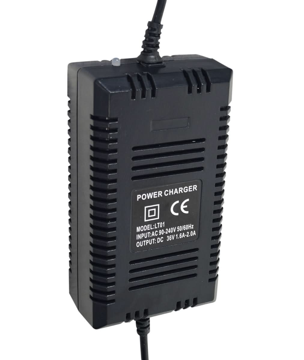 36 Volt 1.8 Amp XLR Battery Charger for the Razor Rambler 16. Close-up of black charger with cable, multiple LED indicators, and white text detailing specifications.