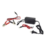 12 Volt 1.5 Amp Maintainer Battery Trickle Charger for Scooters, ATVs, & Dirt Bikes, featuring a black power supply with red cables and a quick disconnect connector.