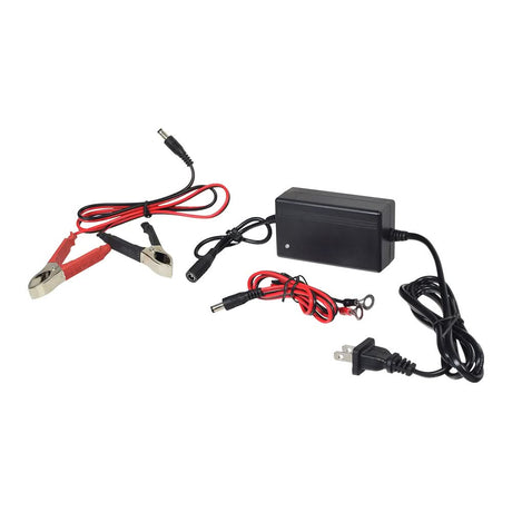 12 Volt 2.0 Amp 12BC2000T-5 Battery Charger for Mobility Scooter & Power Chair Vehicle Lifts, featuring a black power supply with red cables and a quick disconnect connector for easy charging.
