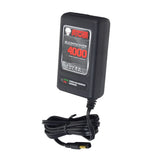 12 Volt 4.0 Amp Maintainer 4000 Battery Trickle Charger for Scooters, ATVs, & Dirt Bikes with LED indicators and quick disconnect connector, showing close-up of black charger with attached cord.
