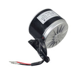 24 Volt 250 Watt MY1016 Electric Motor with 11 Tooth #25 Chain Sprocket, featuring a small round design with black and silver finish, and attached black and red wires.