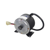 24 Volt 400 Watt XYD-6D Electric Motor with 11 Tooth #25 Chain Sprocket and Mounting Bracket, featuring a small metal motor with a wire and a black gear with a nut.