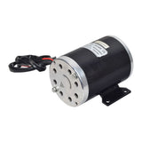 36 Volt 1000 Watt MY1020 Electric Motor with 10 Tooth #35 Chain Sprocket for Scooters, Bikes, & Go-Karts, featuring a black and silver metal casing, black tube with wires, and a visible label.
