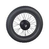 20x4.0 Rear Wheel Assembly with 350W Hub Motor for the Swagtron EB6 Bandit Fat Tire Electric Bike, featuring a pneumatic knobby tire, spokes, and a 7-speed freewheel, fully assembled.