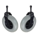 Caster Wheel Assembly with Fork for Jet 1, Jet 2, Jet 7, & Jazzy 1113 Power Chairs, showing two black wheels and a metal fork, suitable for specific serial numbers post-Oct 9, 2001.