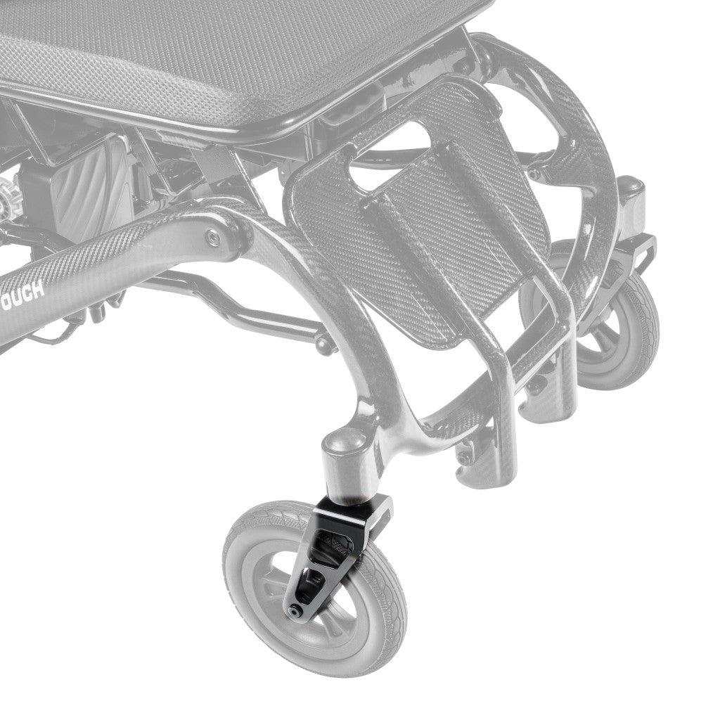 CFPC17FS-12 front caster fork assembly shown in color on the Drive Medical CarbonTouch Power Wheelchair (CFPC17FS), rest of the power chair greyed out