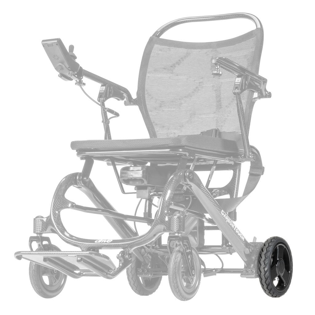 CFPC17FS-21L / CFPC17FS-21R 8" rear drive wheel shown in color on the Drive Medical CarbonTouch Power Wheelchair (CFPC17FS), rest of the power chair greyed out