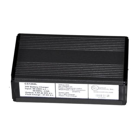 24 Volt 6.0 Amp CS1204L On-Board Battery Charger for Amigo Mobility Scooters and Power Chairs, featuring a black rectangular body with white text and front panel LEDs indicating charging status and error codes.