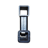 Class III 2” Dual Hitch Receiver (B-Dawg) showing a black metal object with square holes and a close-up of a cylindrical part, designed for towing trailers and carrying accessories with two receivers.