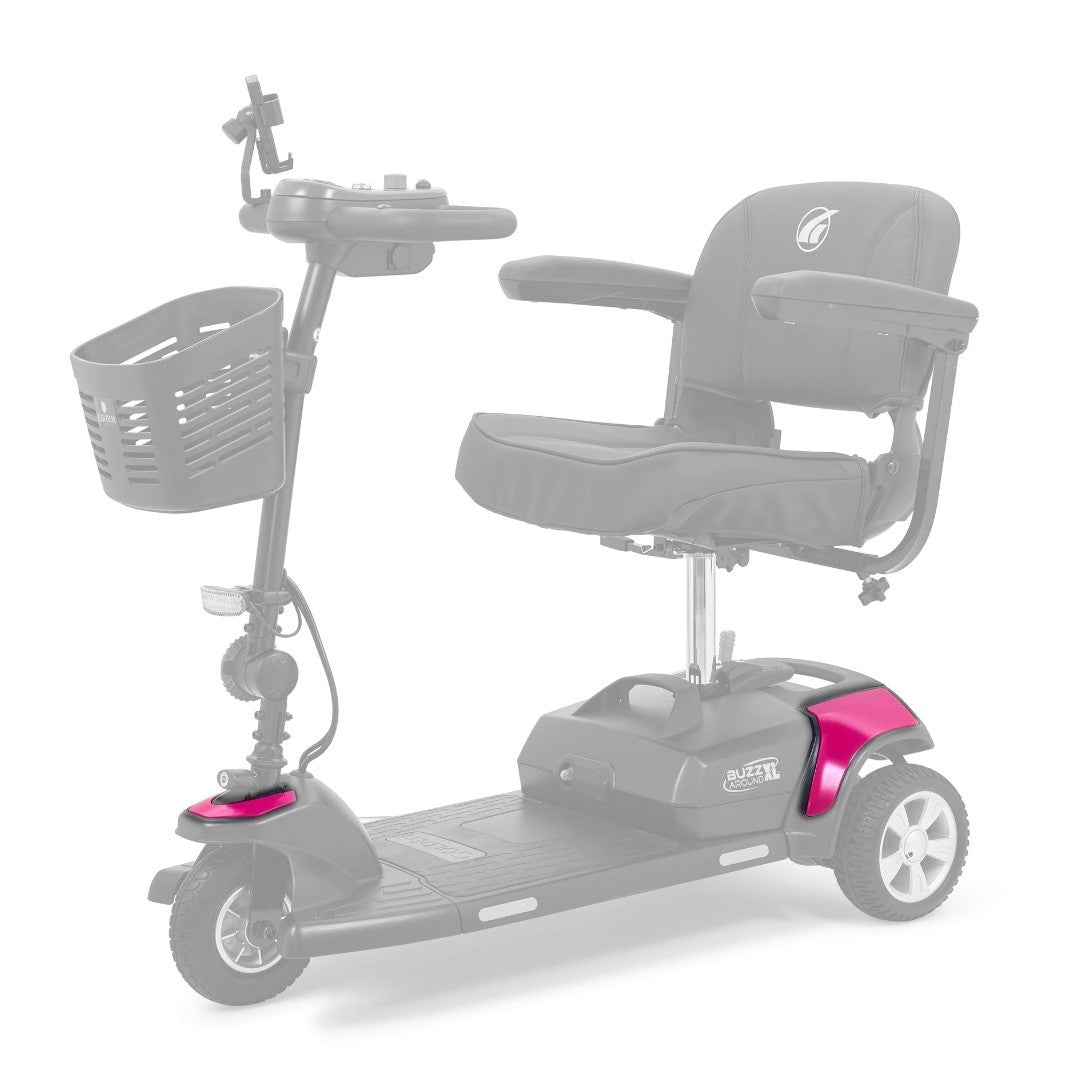 Orchid Pink color shroud kit shown in color on the Golden Buzzaround XL 3-Wheel GB121, rest of the scooter greyed out