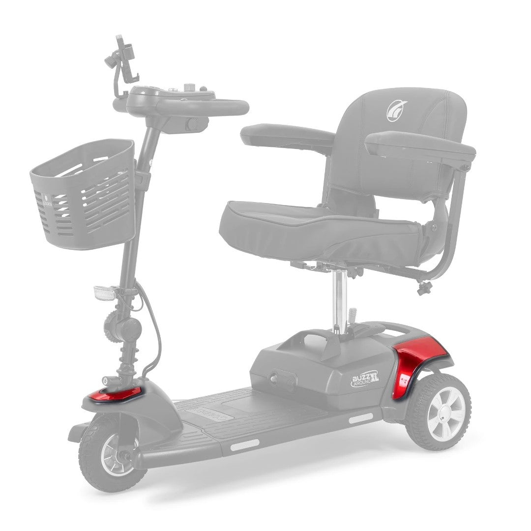 Red color shroud kit shown in color on the Golden Buzzaround XL 3-Wheel GB121, rest of the scooter greyed out