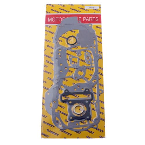 Complete Gasket Set for 139QMB GY6 50cc Scooters, shown in a sealed package with various gaskets arranged for display.