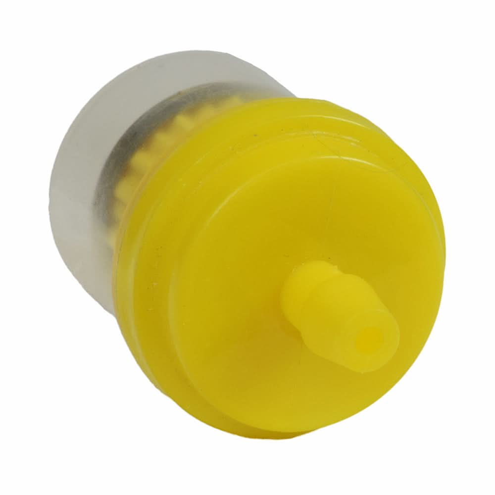 Fuel Filter with Plastic Case for Coolster Go-Karts, featuring a clear container with a yellow cap, designed to fit snugly onto a 5 mm fuel hose to keep debris out of the engine.